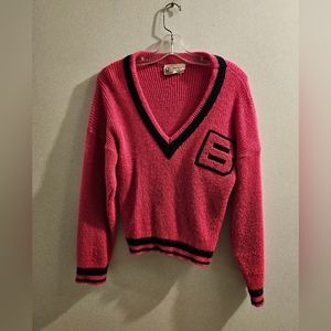 Vintage varsity Pink V-Neck Sweater with Black Trim - B initial